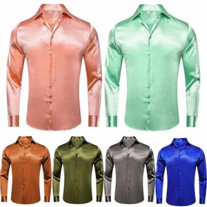 Hi-Tie Plain Satin Seide Herren Dr Shirts Lg Ärmel Anzug Hemd Lässige formelle Bluse Pure Solid Rose Gold Pfirsich Rosa Mint Weiß P5GD #