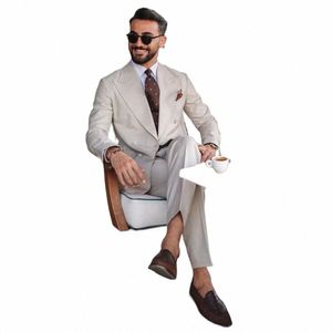 2023 Nya bröllopsdräkter för män Ljus Khaki Peak Lapel Busin Casual Formal Double Breasted Slim Fit 2 PCS Set Jacket Pants J9yr#