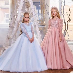 Flickaklänningar Fashion Crew Neck Långa ärmar med paljett Chic Sweep Train A-Line Pageant Wedding Party Dress for Girls