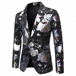 Shenrun Men Blazers Kurtka mokretów Back White Blue Fi Fi Floral Print Blazer Blazer Wedding Groom Kurtka Piosenkarz gospodarz Costume Prom I3fd#