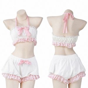 Lolita Cute Girl Ruffles Mulheres Kawaii Maid Outfit Doce Sexy Pijamas Servo Trajes Cosplay Bow Lace Tops e Bloomers Set E8kE #