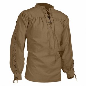 Средневековые рубашки Мужчины Туника Викинг Пиратский костюм Готическая одежда Мужская винтажная рубашка с рюшами и шнуровкой Рыцарь Косплей Топ W35b #