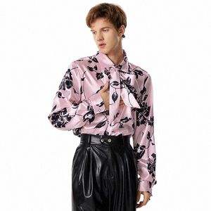 2023 Men Shirt Printing Satin Lapel Lg Sleeve Lace Up Men Clothing Autumn Streetwear Fi Casual Camisas S-5XL INCERUN J0ZF#