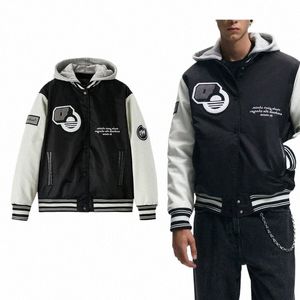 Baseballjacka män za bombare huva broderade flockande retrojackor vintage löst lapptäcke ytterkläder hösten varsity outwear 25ut#