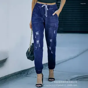 Women's Jeans Arrivals Fashion 2024 Spring Summer Clothing Dark Blue Ripped Elastic Bandage Ankle-Tied