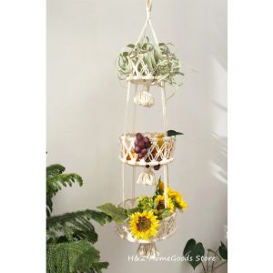 Cestas macrame parede pendurado cesta de frutas rede produzir brinquedo armazenamento corda planta cabide boêmio boho decoração de casa vasos de flores decorativas