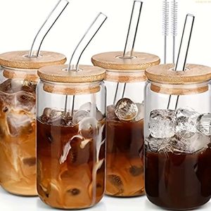 Reusable High Borosilicate Glass Water Cup: Perfect Cola, Mason, Coffee, Milk, Juice More - Includes Airtight Lids & Straws for Bars