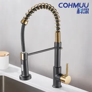 Torneiras de cozinha Cohmuu Full Copper Spring Faucet Sink Rotatable Draw Spray Paint Black Gold com pontos