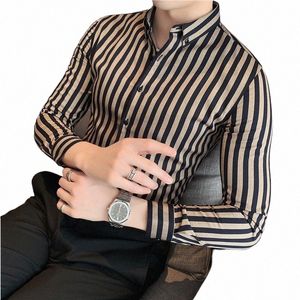 2023 Masculina Spring Shirts Men Dr Vertical Stripe Streetwear Slim Men Shirt Casual Lg Sleeve Chemise Homme Tuxedo Shirt p8lf#