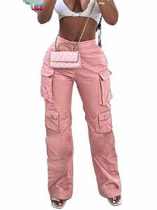 Dziwne puss faux skórzane spodnie ładunkowe kobiety kieszeń swobodny hip-hop proste nogowe spodnie dzikie streetwearne podstawowe dno U1bx#