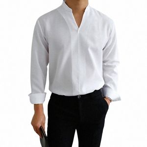 男性のカジュアルシャツソリッドカラー2023 vネックLGスリーブルーズストリートウェアメンズ衣類韓国FIレジャーシャツS-3XLインカン39F0＃