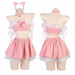 anilv 2023 Anime Lolita Girl Cute Pink Cat Maid Unifrom Women Off Shoulder Tops Cake Skirt Outfits Costumes Cosplay 03Tc#