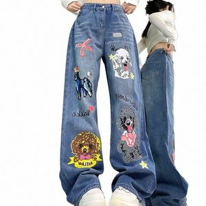 Американский Y2k Уличная одежда Carto Baggy Mom Синие джинсы для женщин 2024 Весна Новая Талия для похудения Широкие брюки Брюки Женские M7xs #