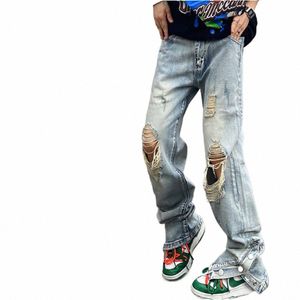 y2k Vintage Streetwear Korean Fi Ripped Baggy Pants Hip Hop Wide Leg Jeans for Men Denim Trousers Blue Male Clothing 53lK#
