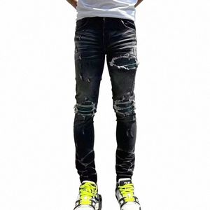 High Street Fi Men Jeans Retro Black Grey Etrapt Siez Chude Fit Ripped Dżinsy Patched Designer Hip Hop Brand Pants Hombre I7ko#