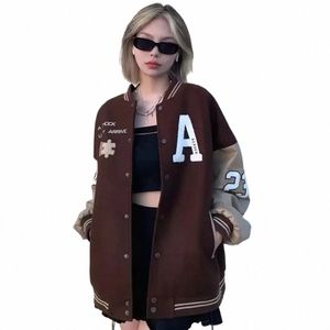 retro Street Brown Letter Print Baseball Jacket Women's Autumn Loose Lg-sleeved All-match Vintage Stitching Thin New Coat J7V1#