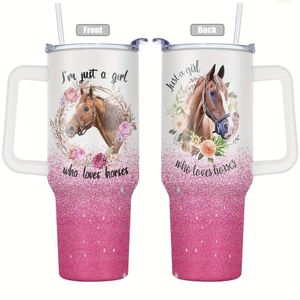 1PC, 40 unz Horse Funny Print Print Stali Facuum Izolowany od próżni z pokrywką - idealny na letnie zimowe napoje, podróże na świeżym powietrzu, walentynki i urodziny