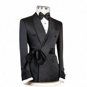 Мужская куртка с черным поясом, шаль с лацканами, Slim Fit, двубортная одежда, костюм жениха, новый Fi Busin, свадебный смокинг, пиджак A4Sr #