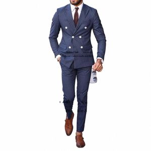 Formalne niebieskie Stripe Męskie Blazery Blazery 2 sztuki szczytowe Lapel Men Suits na ślub Slim Fit Terno Masculino Q6f9#