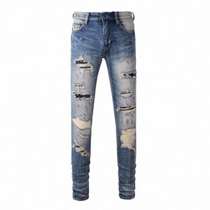 High Street Fi Men Jeans Retro Blue Elastic chuda Fit Malowane dżinsy mężczyźni Patched Designer Hip Hop Brand Pants Hombre N51D#