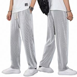 men Pants Mid-Rise Elastic Waistband Sweatpants Drawstring Pocket Wide Leg Ribbed Ultra-Thin Ice Silk Casual Trousers Streetwear i390#