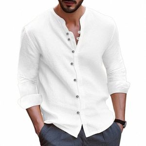 spring and Autumn Fiable Cott and Linen MenShirts Casual Loose Butt Up Collar Shirts Lg Sleeve Tops Men Hawaiian Shir o5ew#