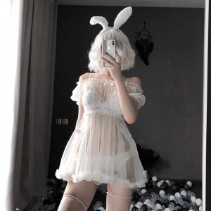 Helt nya kvinnors sömnkläder kawaii spetsar babydoll sexig underkläder pajamas uppsättning för kvinnor nattdress tyll frestelse se genom klänning erotisk cosplay kostnad 2024