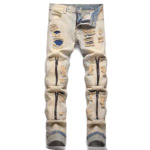 Mäns jeans 2022 Nya herrpunk jeans tårtyg blyertsbyxor multi pocket dragkedja mitt midja casual kläder j240328