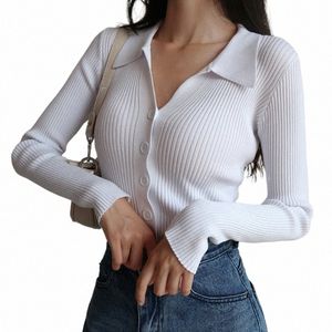 Senhoras Butts Sexy V Neck LG Manga POLO Pescoço Malha Cardigan Camisola Mulheres Lapela Slim Tops I15T #