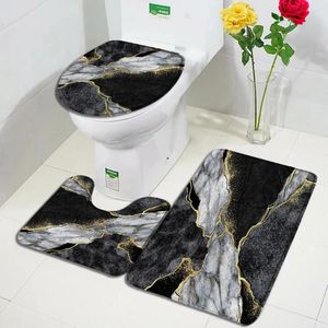 Bath Mats Abstract Black Marble Mat Set Gold Lines Crackle Texture Modern Home Carpet Bathroom Decor Anti Slip Rugs Toilet Lid Cover