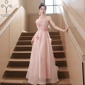 Casual Dresses Yosimi-Women's A-Line paljett Pink Long Dress Evening Party Full Längd ärmlös Halter Flower Elegant Birthday Summer