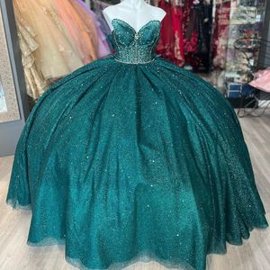 Luxury Blackish Green Sequined Quinceanera Dresses Sweet 16 Girls Off Shoulder Bow Ball Gown Birthday Party Dress Prom Vestido De 15