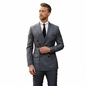 high Street Men Suits Dark Grey Double Breasted Peak Lapel Luxury Wedding Clothing Elegant Full Set Chic 2 Piece Jacket Pants Y854#