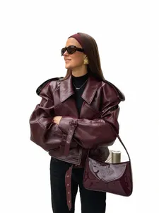 Vintage turn-dowcollar pu läderjacka för kvinnor casual lg hylsa enkelbröst kappa kvinnlig cyklist motorcykeljackor 16wf#