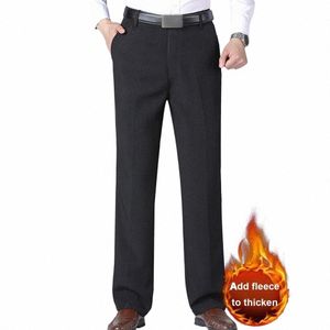 calças de terno masculino calças de perna reta calças de terno de pelúcia grossa masculina com bolsos macios meados de cintura zíper para escritório para o pai c74W #