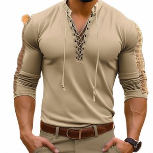 Herren Lg Sleeve Lace Up Pullover T-shirt Casual V-ausschnitt Muscle Tops Bluse Erwachsene Männer Mittelalterlichen Hemden Tops Chemise u2dT #