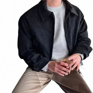 elegant Solid Brown Coat Men's Spring Autumn High-end Loose Lapel Plush Top Winter New Zipper Short Jacket Vintage Streetwear S7Az#