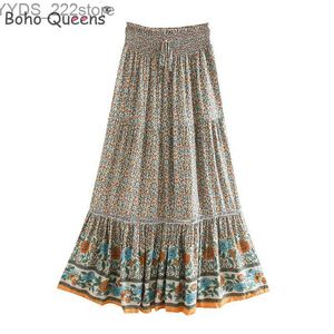 Kjolar Skorts Boho Queens Women Beige Floral Print Beach Bohemian kjol Hög Elastisk midja Rayon Cotton Pleated Gypsy Maxi Femme YQ240328