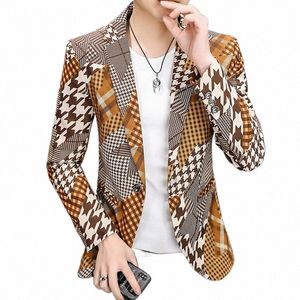 Män rutigt tryck blazer 2022 Spring New Korean Fi Casual Slim Sacka Jacket Wedding Busin Party Streetwear Male Clothing Z7S9#