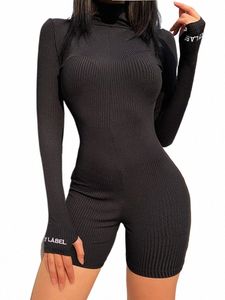 Sibybo Ribbed Turtleneck Sport Wearカジュアルジャンプスーツレターエクサイリースキニーセクシーなプレイスーツ女性Fitn Rompers Olanolers V1el＃