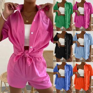 Vacation Fashion WomenS Suit Casual Solid Shorts And Shirt Top Two Piece Sets Lapel Temperament Commuting Sexy Slim Suits 240328