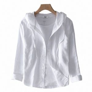 summer hooded lg sleeve Linen Shirt men's thin loose fi cott linen shirt clothing shirts for men G43V#