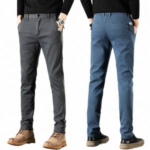 2023 Autumn New Casual Straight Pants Men Cott Busin Slim Stretch Trousers Male Blue Black Light Grey Dark Grey K2K7#