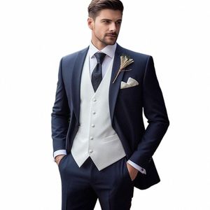 Abiti da uomo di alta qualità Giacca blu scuro Pantaloni Gilet bianco 3 pezzi Risvolto con risvolto Slim Fit Giacca da sposa Elegante Costume da sposo Homme 4308 #