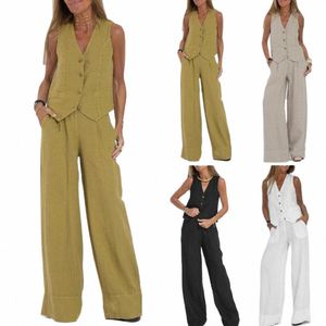 women Suit Set Stylish Women's Cott Linen Suit Set with Sleevel Vest Wide Leg Pants for Office or Casual Wear in Autumn G44V#