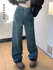 Women's Jeans Aoaiiys High Waisted Blue Streetwear Contrast Color Scratched Wide Leg Tassel Korean Fashion Straight Trousers
