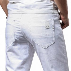 Jeans brancos homens fi casual calças retas estilo clássico calças finas masculinas roupas de marca estiramento calças jeans q7MW #