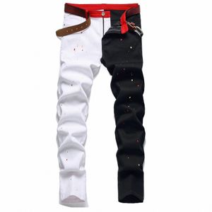 brand Red Yellow Green White Stitching Men Jeans Spring Autumn New Slim Skinny Stretch Street Hip Hop Male Elastic Denim Pants i6s6#