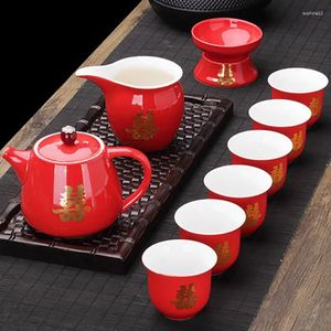 Conjuntos de chá 10 Pçs/set Cerâmica Vermelha Conjunto de Chá de Casamento Presente Porcelana Casa Chinesa Bule Noiva Dote Casamento Celebração