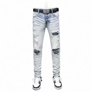 Street Fi Men Dżinsy Wysokiej jakości jasnoniebieski rozciąganie chude dżinsy Mężczyźni Paisley Paisley Patels Designer Hip Hop Mrand Pants Z5IP#